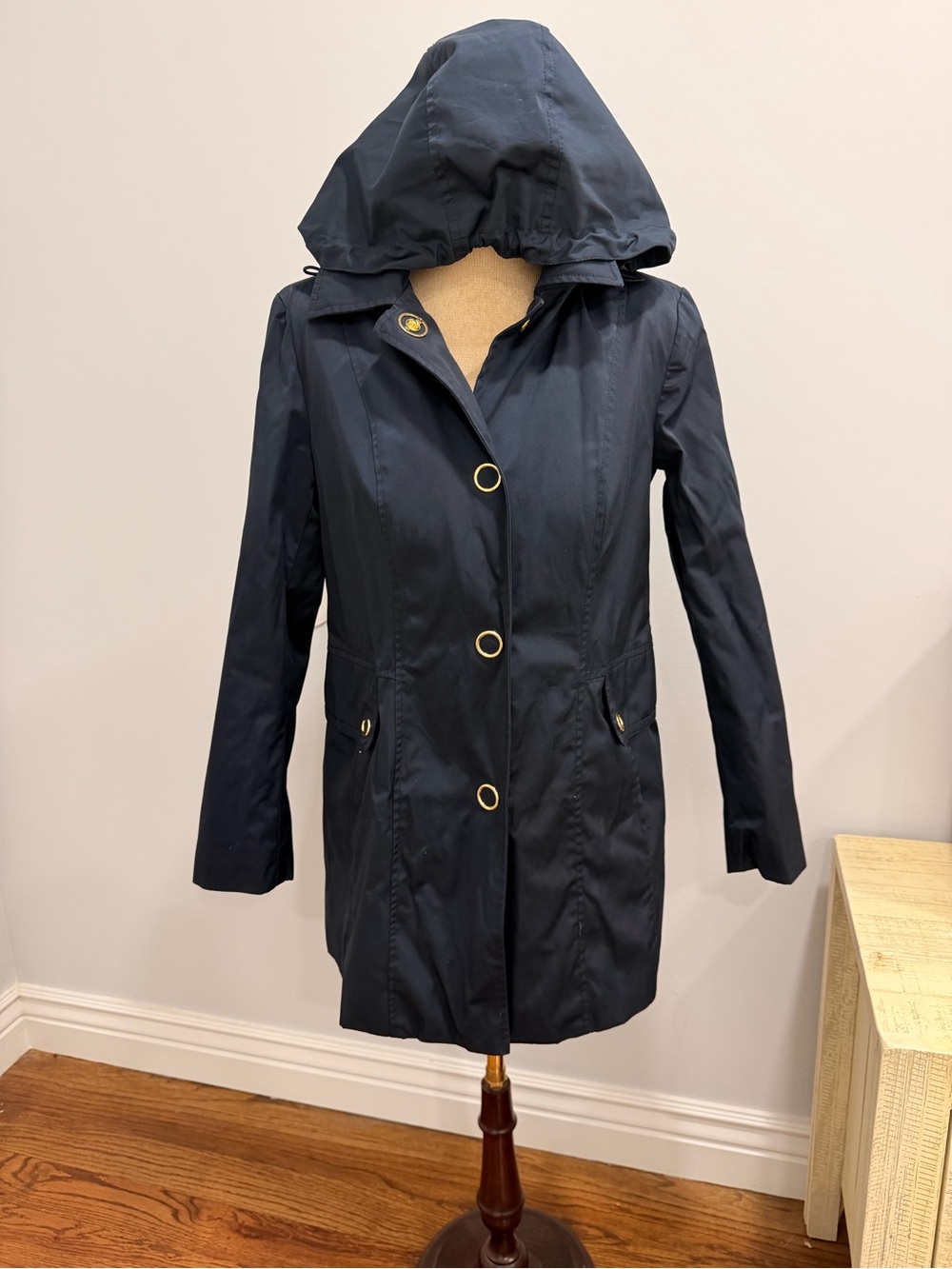 Anne Klein Navy Hooded Trench Coat with Gold-Tone Ring Buttons